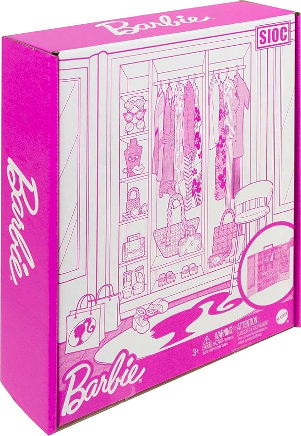 Barbie Closet Playset with 3 Outfits, 3 Pairs of Shoes, 2 Purses, Necklace and Sunglasses Accessories, 5 Hangars, Gift for 3 to 8 Years Old