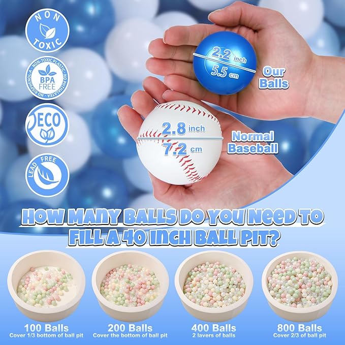 GOGOSO Ball Pit Balls for Toddler, Baby Plastic Playballs Kids Soft Pastel Pelotas Non-Toxic BPA-Free Pearl Blue+Light Blue+White 100 Balls