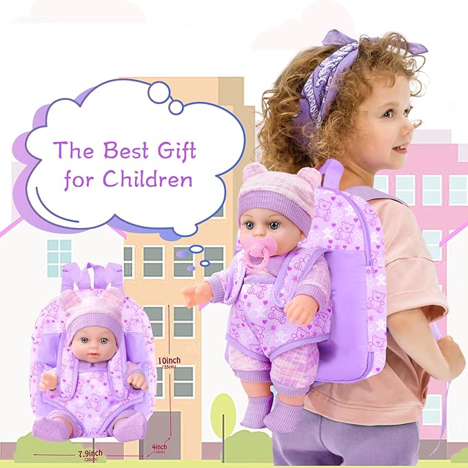 XFEYUE 12'' Baby Doll with Bear Pattern Backpack in Gift Box,Including Clothes Accessories, Backpack, Baby Bottle, Pacifier, Hat, Socks, and Handkerchief for 3+ Child Girls Gifts