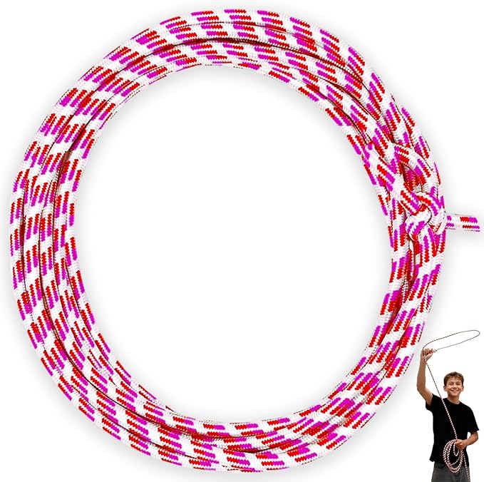 Cowboy Lasso Rope for Kids with Pre-Tied Loop, 20' - 9mm Unwaxed Lariat Roping Rope Toy for Indoor Outdoor Western Play & Costume Prop (Red Pink)