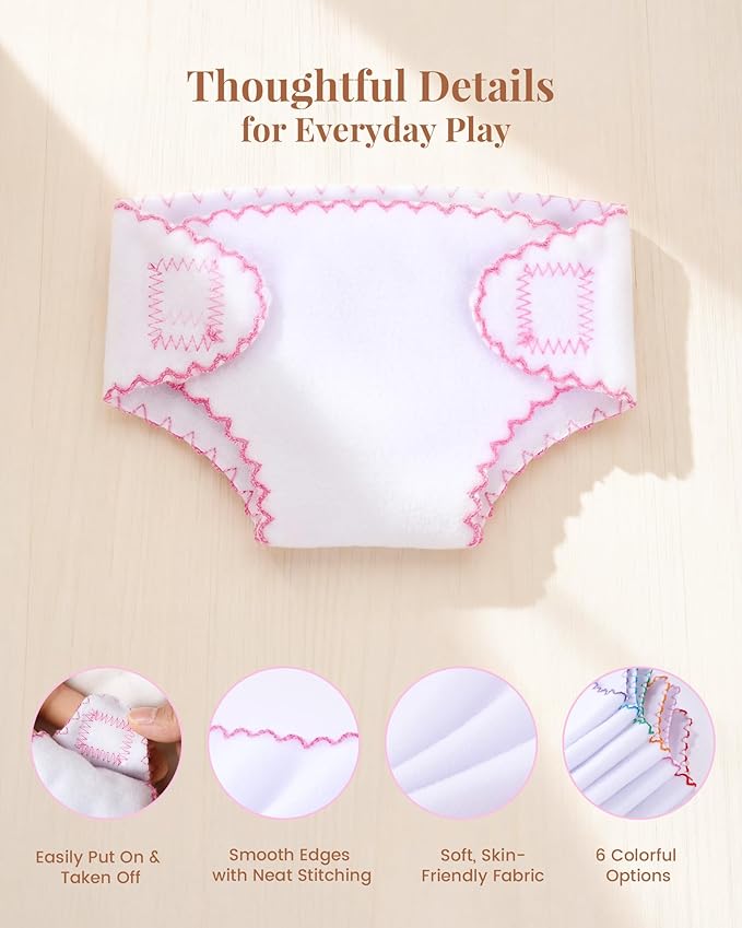 BABESIDE 6 Pcs Baby Doll Diapers for 12-15 Inch Dolls, Reusable & Washable Doll Underwear Fits Baby Dolls, Pretend Play Accessories for Girls