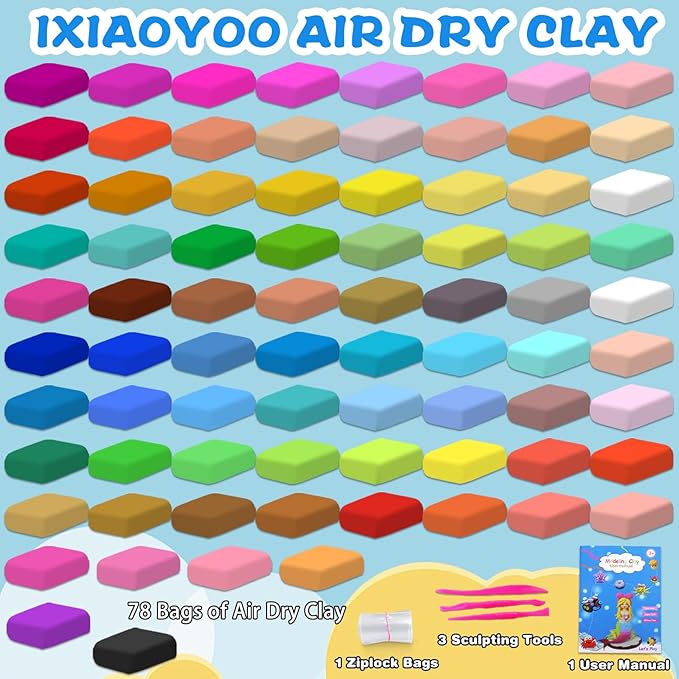 Air Dry Clay for Kids, 78 Colors Modeling Magic Clay, Safe & Non-Toxic, DIY Model School Arts & Crafts Kit with Tools, Home Party Favors, Birthday & Christmas Toys Gift for Boys & Girls