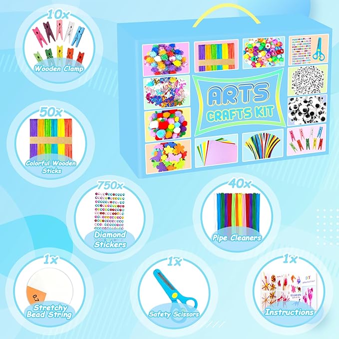 BNUZEIYI 2000 PCS Arts and Crafts Supplies for Kids All-in-1 Craft Kit with Pipe Cleaners Craft Box Set DIY Crafting Supply School Supplies Toys Gifts for Girls Boys Ages 4-6, 6-8, 8-12, Blue