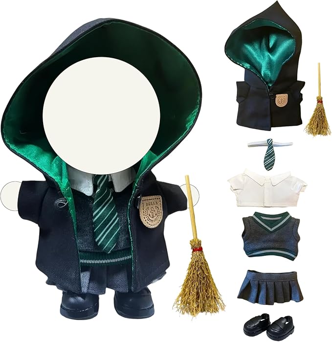 7-Piece Wizard Doll Clothes Set for 17cm Dolls – Fits The Monsters Exciting Macaron Series – Fantasy Outfit with Hooded Cloak, Shirt, Skirt, Sweater, Tie, Shoes & Magic Broom – Doll Accessories Only