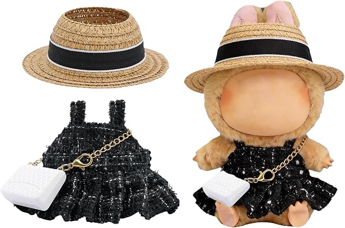 17cm Doll Clothes - Luxury Chic Style Set High-End Fashion Accessories - Premium Handmade Clothes 3 Piece Set Hat & White Bag & Dress Adjustable Doll Outfit (No Doll) - Black Hat Set