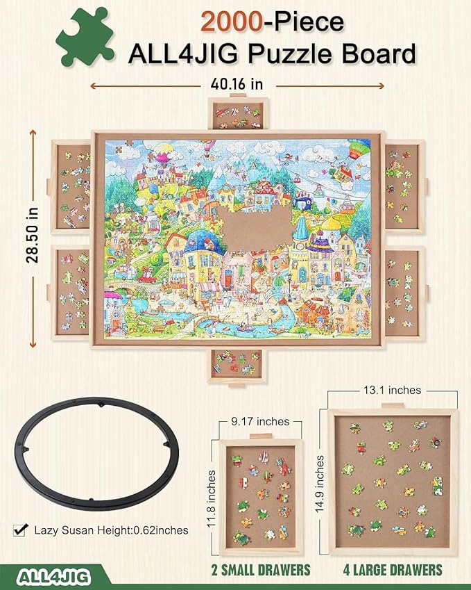 ALL4JIG 2000 Pieces Rotating Puzzle Board with 6 Drawers and Cover,28"x40"Portable Wooden Jigsaw Puzzle Table for Adults,Lazy Susan Spinning Puzzle Boards Birthday Gift for mom