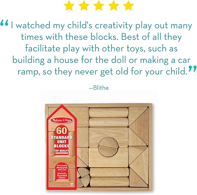 Melissa & Doug Standard Unit Solid-Wood Building Blocks with Wooden Storage Tray, 60-Piece Hardwood Sorting & Stacking Toys for Building & Balancing, Preschool Learning Toys for Kids Ages 3+