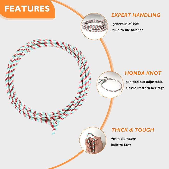 Cowboy Lasso Rope for Kids with Pre-Tied Loop, 20' - 9mm Unwaxed Lariat Roping Rope Toy for Indoor Outdoor Western Play & Costume Prop (Red Pink)