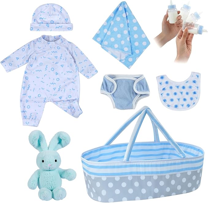 BABESIDE 8 Pcs Reborn Baby Doll Clothes with Bassinet for 17-22 Inch Babydolls, Reborn Baby Doll Accessories fit Dolls, Babydolls Clothes for Realistic Dolls,Toy Gift for Boys Girls