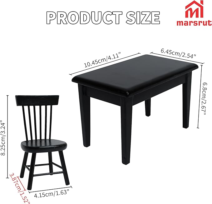 Miniature Dining Table and Chairs Set 5pcs – 1:12 Scale Dollhouse Room Furniture Kitchen Mini Wooden Chair Accessories, Model Accessory Decoration for Doll House DIY Hobby, Black