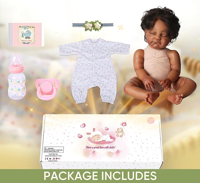 WOOROY Realistic Reborn Baby Dolls Black - 20-Inch African American Sleeping Newborn Dolls with Weighted Cloth Body and Soft Hand-Rooted Curly Hair with Accessories Gift Set for Kids Age 3+