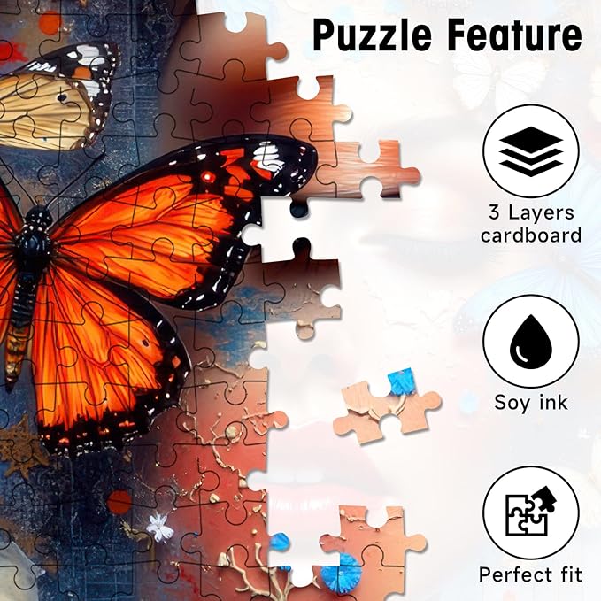 Butterfly Woman Face Puzzles for Adults 1000 Pieces, High Difficulty Surreal Abstract Portrait Art Jigsaw Puzzle with Letters on Back, 20x28 Unique Wall Decor & Family Game, Easter