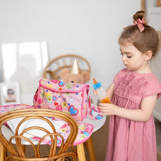 BABESIDE 5 Pcs Baby Diaper Bag Set with Magic Bottles, Baby Doll Accessories Includes Changing Mat, Diapers and Bottle with Disappearing Milk for 12-16 inches Dolls Kids Gift