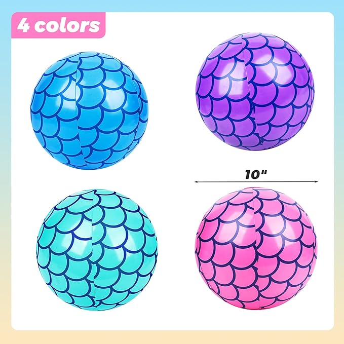 FUTUREPLUSX 4PCS Beach Balls, 10 Inch Inflatable Pool Balls Mermaid Party Decorations for Summer Beach Party
