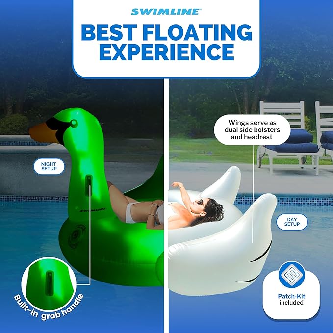 SWIMLINE ORIGINAL 90702 LED Inflatable Swan Pool Float Lounge| Light-Up Ride-On Floatie Raft with Stable Legs | 3 Color Options for Parties & Relaxation