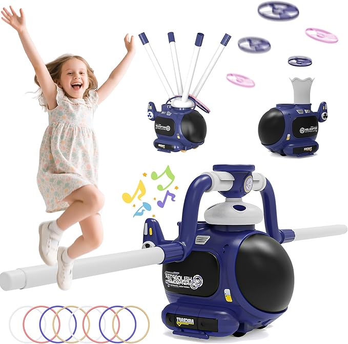 4-in-1 Music Jumping Toy Car,Dual Rotating Poles for Jumping & Dodging,Auto Flying Disc Launcher with Catching Net,Spinning Pole for Ring Toss,Kids outdoor toys,Games for Kids Boys and Girls (Blue)