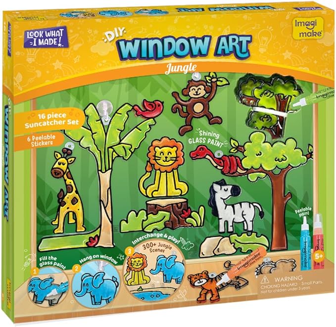 Imagimake Window Art Jungle | 16-Piece Glass Paint & Suncatcher Kit | Craft & Discover Animals | 5 Year Old Boy Gifts | Birthday Gifts for Boys & Girls Ages 5,6,7,8,9,10,11,12 | Easter Gifts for Kids