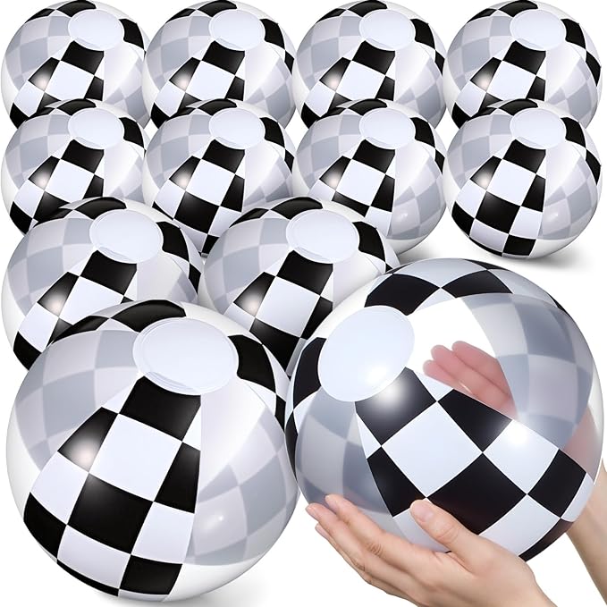 12 Pieces Inflatable Beach Ball Set - 8 inch Black and White Checkered Print Beach Balls for Theme Game Party Supplies Summer Pool Games Birthday Fun Party Favors