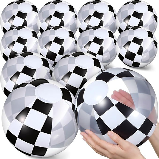 12 Pieces Inflatable Beach Ball Set - 8 inch Black and White Checkered Print Beach Balls for Theme Game Party Supplies Summer Pool Games Birthday Fun Party Favors