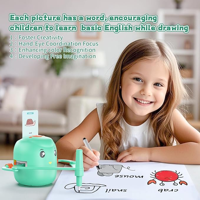 Interactive Educational Drawing Robot for Kids - Montessori Learning Toy with 150 Word Cards, Voice Interaction, Ages 5+ (Green)