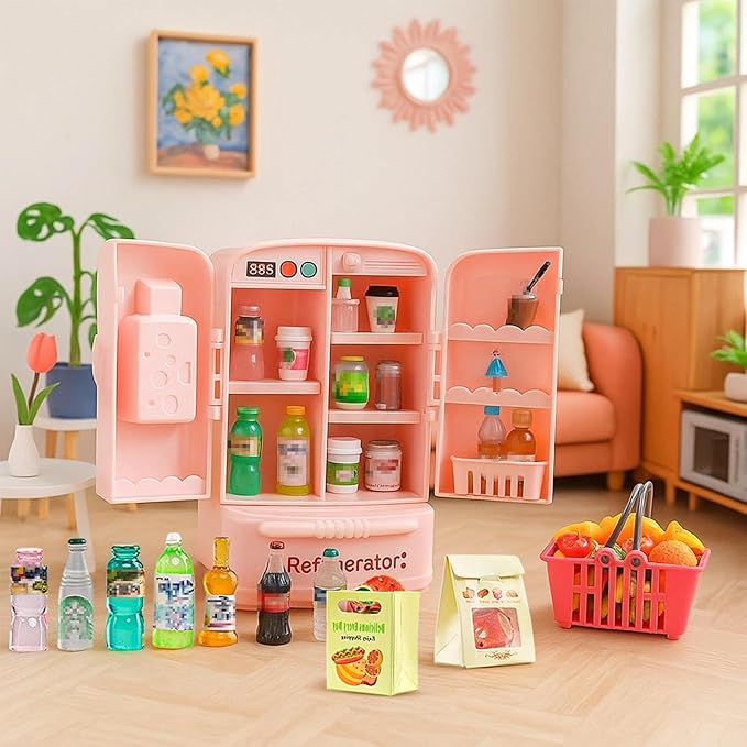 180 Pcs Dollhouse Furniture Miniature Kitchen Accessories Mini Shopping Cart Metal Trolley Basket Food Drink Toy Supermarket Store Grocery Shelves Cash Register Fridge Scale Pretend Play Game Party