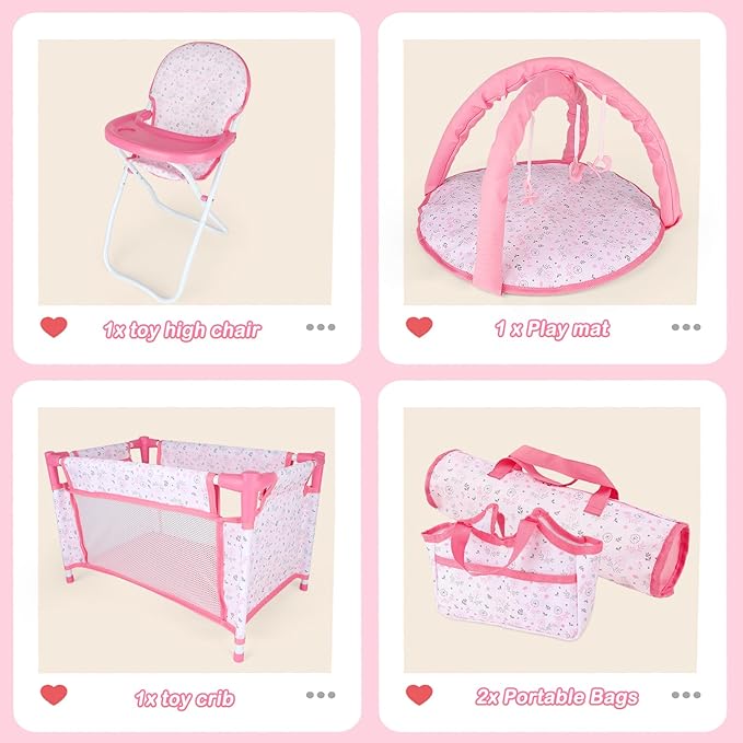 deAO Baby Doll Accessories12-14 Doll Playset with High Chair Crib Bed Play Mat Storage Bag Handbag - 6 in 1 Pink Dolls Playset with Furniture Gifts for Girls