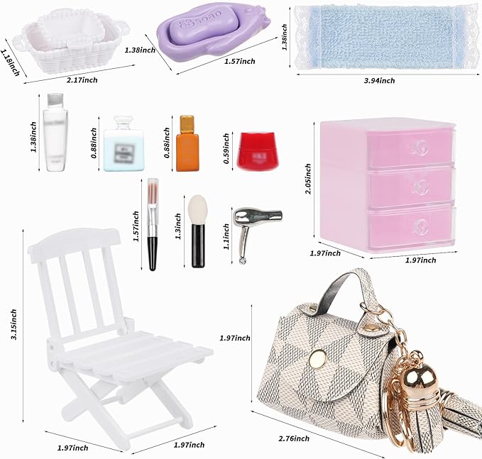 BeadRiver 77Pcs Dollhouse Bathroom Accessories Set - Miniature Makeup & Toiletries with Storage Cases, Handbag, Hair Dryer - 1:12 Scale Doll House Decor for Girls