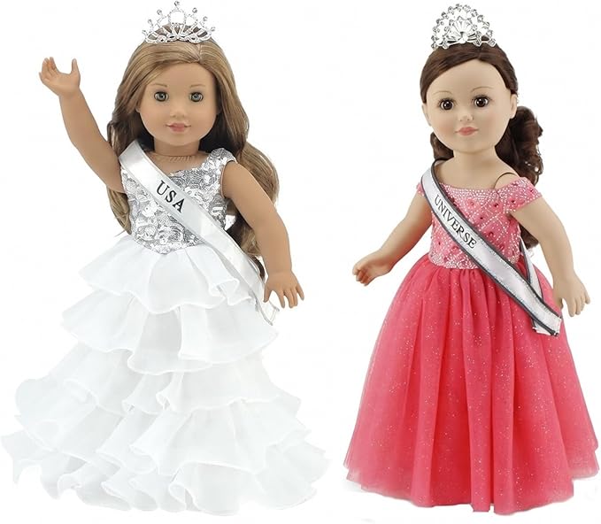 Emily Rose 18 Inch Doll Clothes 6-PC Pageant Dress & 18" Doll Accessories Bundle with Sashes & Crowns | Toy Gift Set for 5+ Little Girls Set | USA American Business | Double Reinforced Stitching
