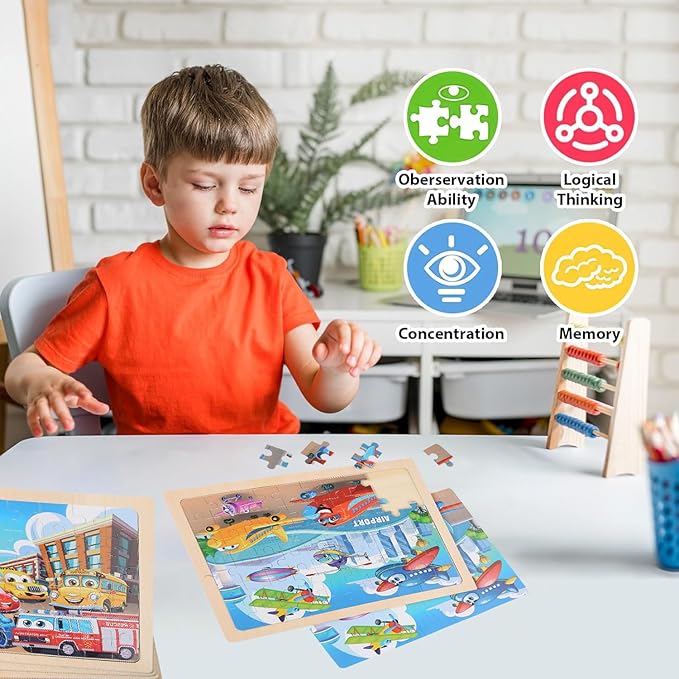 Wooden Puzzles Vehicle Toys for Kids Ages 3-5, Set of 4 Packs with 60-Piece Wood Jigsaw Puzzles, Preschool Educational Brain Teaser Boards for Boys an