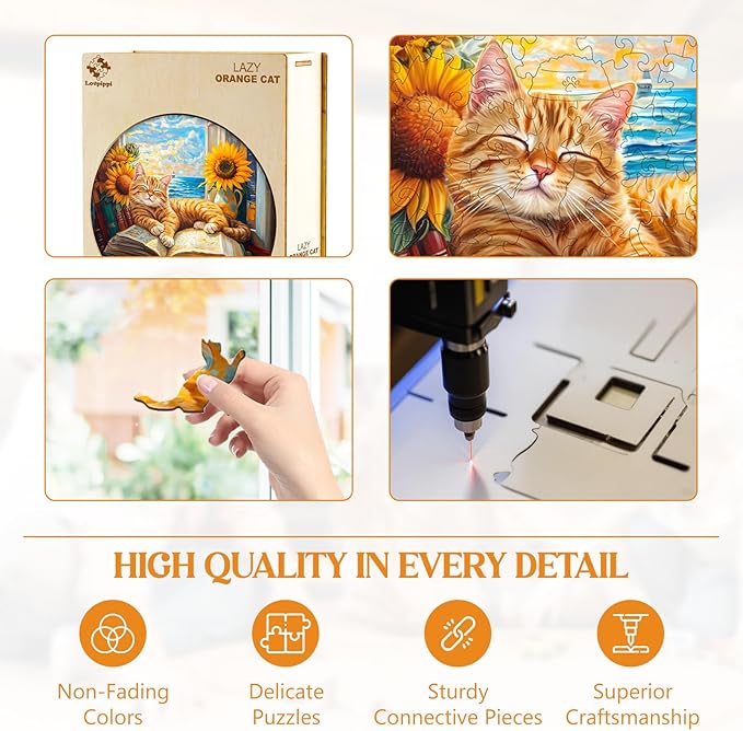 Wooden Puzzles for Adults, Lazy Orange Cat Wood Puzzles Adult, Unique Animal Shaped Wooden Jigsaw Puzzle, Creative Birthday Gifts for Friends/Family/Puzzle Lovers, Home Decor(M-11.4 * 11.4in 200pcs)
