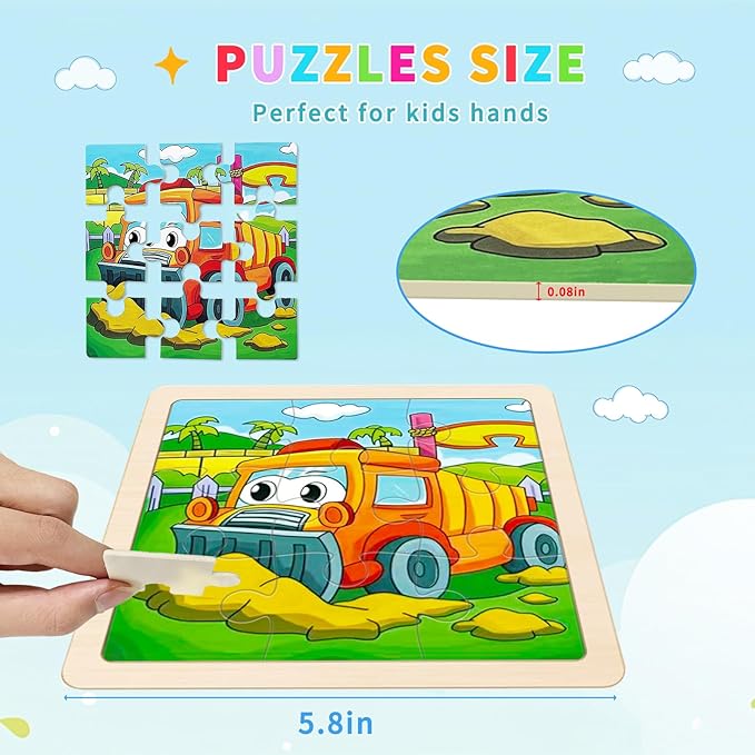 Wooden Puzzles for Toddlers, 8 Pack Vehicle Car Construction Jigsaw Puzzles for Kids Ages 3-5, 9 Pieces Puzzles for Kids Ages 4-6 Preschool Learning Activities, Educational Toys Gift for Boys