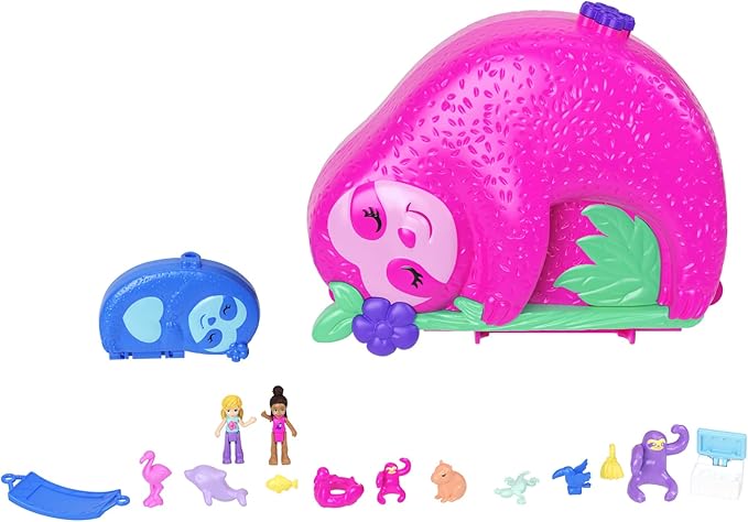 Polly Pocket Playset & Travel Toy with 2 Micro Dolls & 12 Accessories, Animal Toy, Sloth 2-in-1 Purse Compact