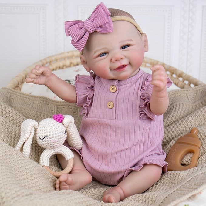 Aori Lifelike Reborn Baby Dolls - 20 Inch Realistic Smiling Girl Newborn Baby Doll with Weighted Body for Cuddling Poseable Soft Vinyl Limbs with Purple Outfit Set for Girls 3+
