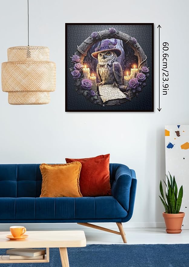 Halloween Magic Owl Flower Puzzles for Adults 1000 Pieces, Funny Bird Floral Art Jigsaw Puzzles, Impossible Challenging Witch Hat Rose Puzzle