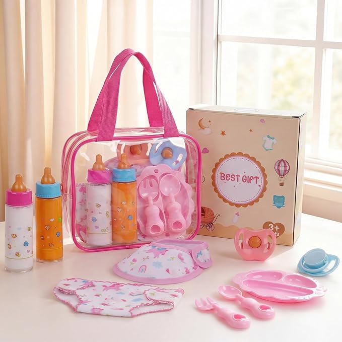 BABESIDE Baby Doll Accessories,10 Pieces Baby Doll Diaper Bag Set with Magic Bottles, Pacifiers, Doll Diaper & Pretend Play Feeding Set for Dolls, Ideal Gift for Kids Age 3+