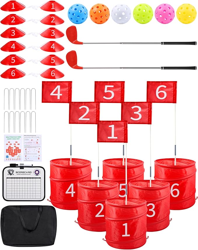 HOTWIND Backyard Golf Game with 2 Clubs, Portable 6 Hole Backyard Golf Course for Indoor & Outdoor Play, Backyard Lawn Beach Golf Practice Game Gifts for Family and Adults
