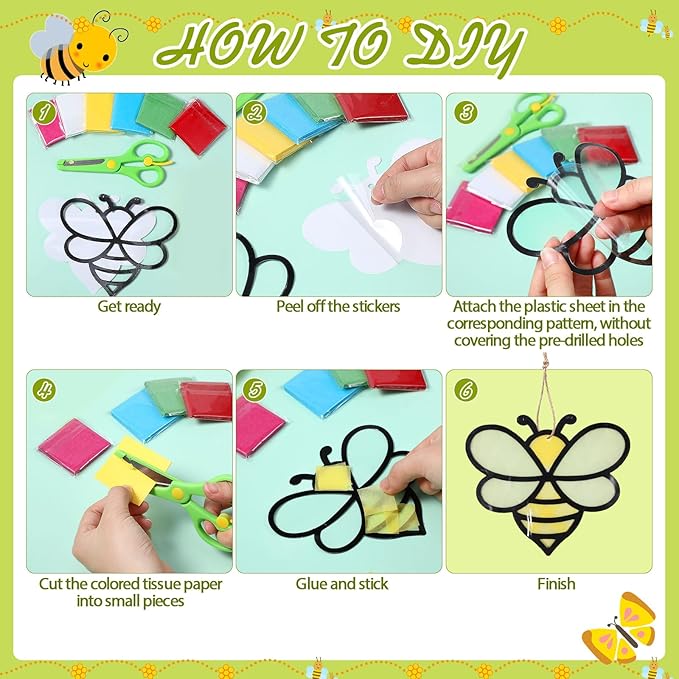 24 Sets Spring Crafts Kit DIY Flower Paper Crafts with Colored Tissue Paper Stickers Floral Bee Insect Butterfly Ornaments Suncatcher for Window Classroom Activity Project Party Gifts Home