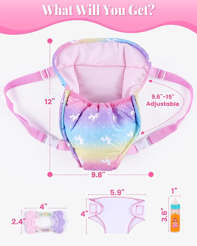 BABESIDE Baby Doll Accessories, Doll Carrier with Magic Bottle, Doll's Diaper, Rattle Toy – Baby Dolls Accessories Set for 12-15 Inch Dolls, Pretend Play Gift for Girls