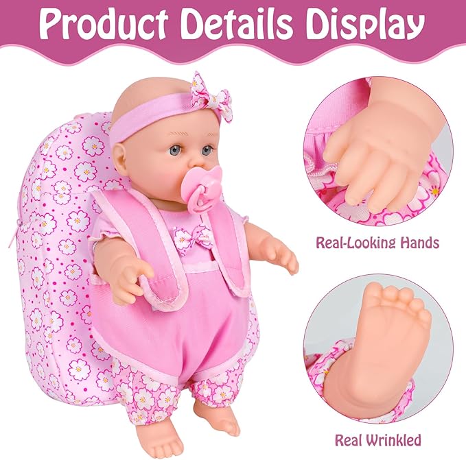UZIDBTO 12 Inch Baby Dolls with Backpack Carrier Can Store Doll Clothes and Accessories,12" Reborn Baby Doll Set in Gift Box with Feeding Bottle Nipple Diaper for Kids Toddler Age 3+