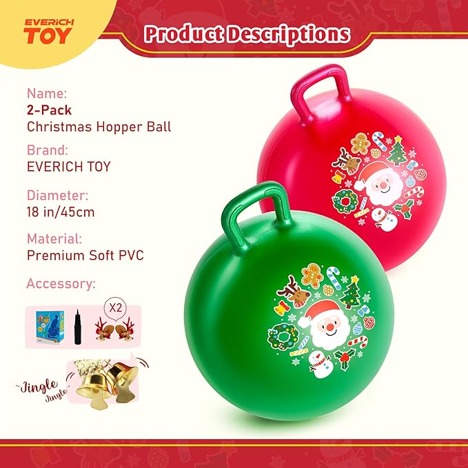 EVERICH TOY 2-Pack Hopper Ball for Kids 18In Sit On Bouncy Ball with Handle with Christmas Reindeer Ears, The Top Green & Red Christmas Boys Girls Gifts for 4 5 6 7 8 Yr Old Indoor Outdoor Active Play