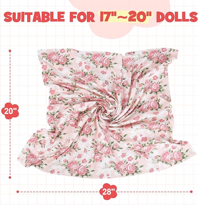 Aori Reborn Baby Doll Accessories Clothes Newborn Receiving Blanket with Headband and Hat Set Baby Swaddle Floral 3-Piece Swaddle Nursery Swaddle Wrap for 17-20 inch Reborn Doll