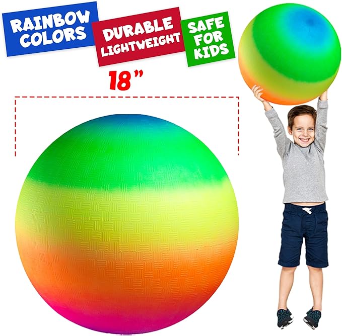 Bedwina 18 Inch Rainbow Playground Ball for Kids (Pack of 1 or 2) Jumbo Size Rainbow Inflatable Big Bouncy Kickball for Park, Giant Balls for Indoor and Outdoor Games with Hand Pump
