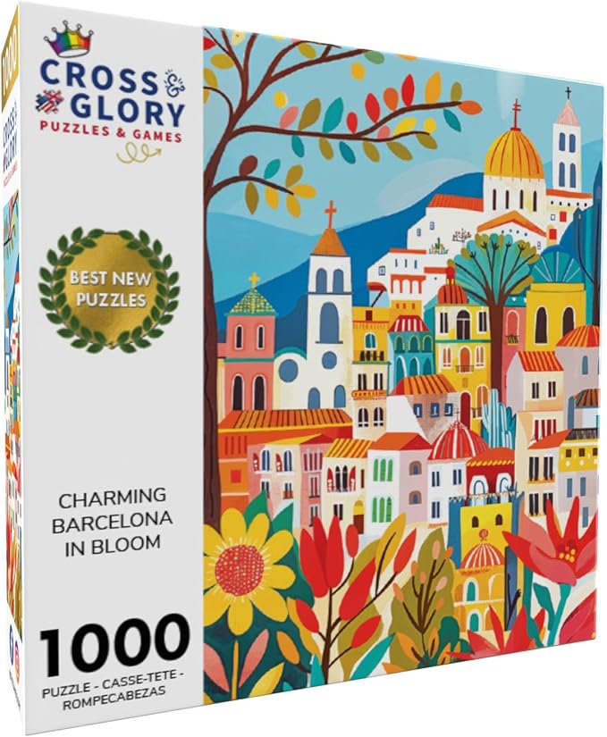 Cross & Glory - Charming Barcelona in Bloom - 1000 Piece Jigsaw Puzzle for Adults | Colorful Floral Folk Art Puzzle for Barcelona Lovers and Art Enthusiasts