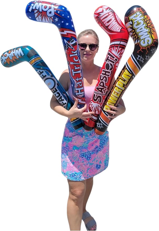 35" Inflatable Hockey Sticks (4 Designs) Splash it! Thwack! Hat Trick. Pow! Power Play Smack! Face Off! Whack! Colorful. Vinyl. Great Party Favor (4 Pack - 4 Designs)