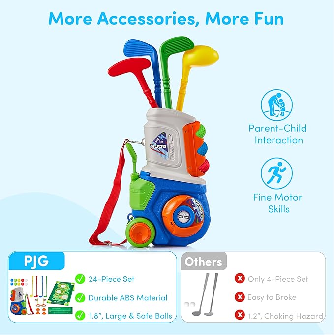 PJG Toddler Golf Set with Mat & Cornhole Board Ages 1 2 3 4 5 Years Old, Plastic Kids Golf Clubs 3-5 with 4 Golf Clubs and 10 Balls, Golf Toy with Cart for Boys and Girls Birthday (Blue)
