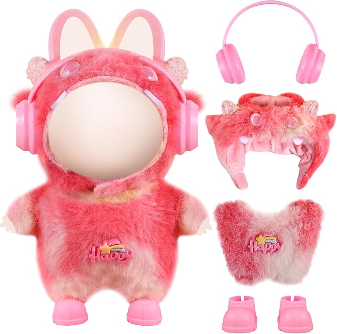 17cm Doll Clothes Set for Labubu Dress Up,Cute Outfit ,4 Piece Hat Overalls Headphones Shoes Dolls Clothing Accessories(NO Doll) (Red)