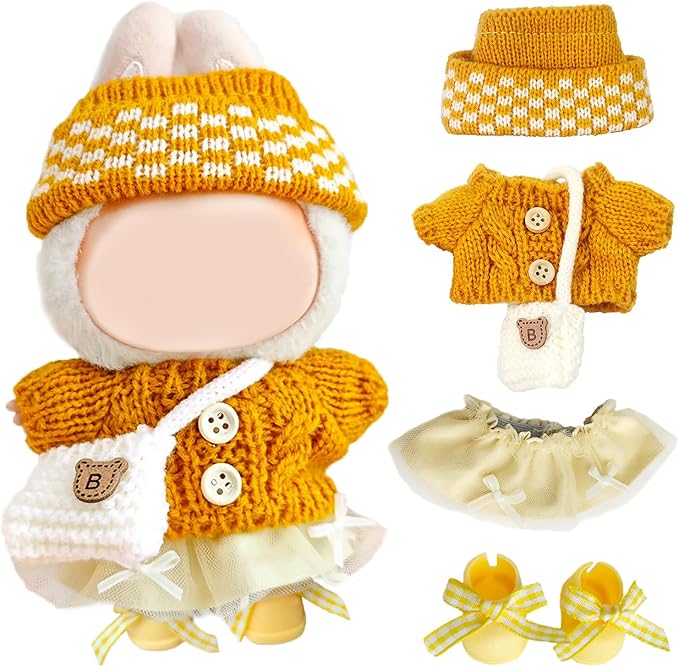17cm Doll Clothes for Lububu,Outfits Set with Hand-Crocheted Yellow Sweater, Hat, Skirt, Shoes and Bag, Designer Clothing and Accessories for Macarons Series Dolls Dress-Up(Yellow Sweater Skirt)