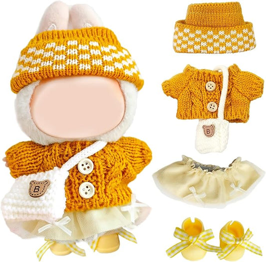 17cm Doll Clothes for Lububu,Outfits Set with Hand-Crocheted Yellow Sweater, Hat, Skirt, Shoes and Bag, Designer Clothing and Accessories for Macarons Series Dolls Dress-Up(Yellow Sweater Skirt)