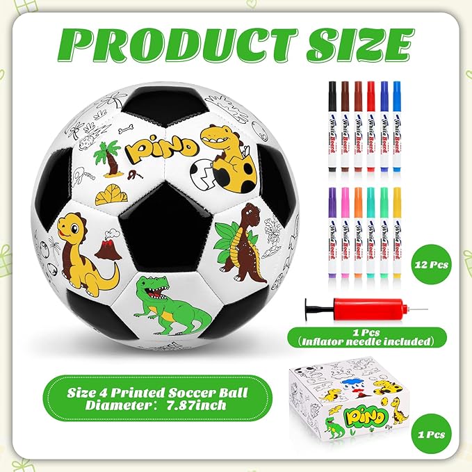 Size 4 Color Your Own Soccer Ball Black Dinosaur DIY Custom Craft Kit with Pump 12 Markers Personalized Youth Toddler Training Paint Your Own Toy Creative Gift for Kids