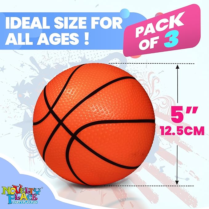 Novelty Place Mini Basketballs with Pump (Pack of 3) - 5 Inch Inflatable PVC Basketball for Boys & Girls Indoor Outdoor Play, Rubber Balls for Mini Hoops, Pool Party, Arcade Games, or Sports Training